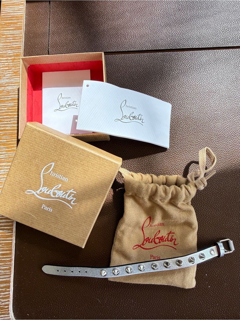 Christian Louboutin Silver Leather Stud Bracelet with Pyramid Accents